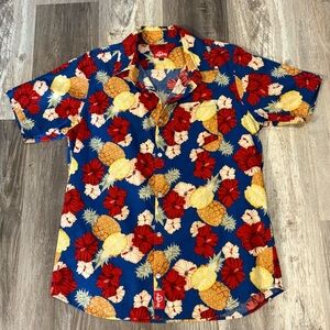 Nolan Rare Vintage Blue Hawaiian Shirt with Pineapples Red & White Hibiscus Sz L